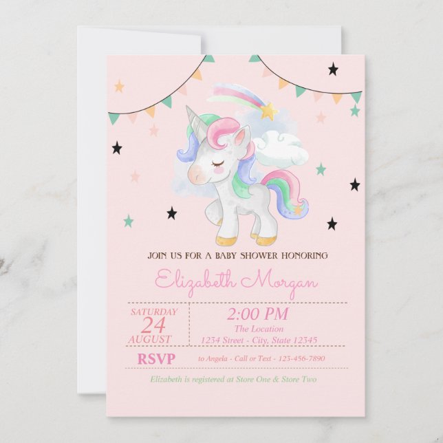 Invitación de Cumpleaños de Bebé Unicornio Lindo y (Anverso)