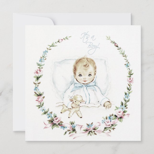 Invitación de cumpleaños de bebé vintage azul bebé (Anverso)
