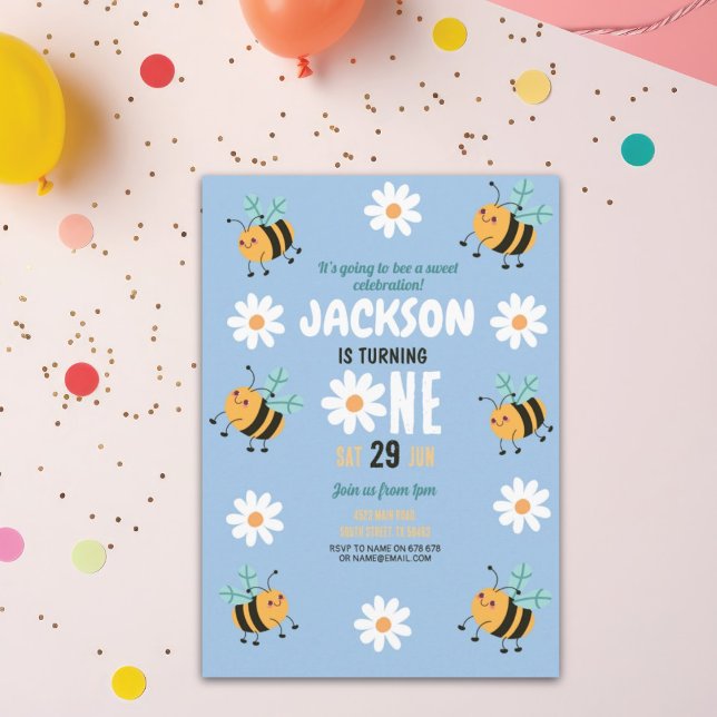 Invitación de cumpleaños de Bee Fiesta Daisy Blue  (Subido por el creador)