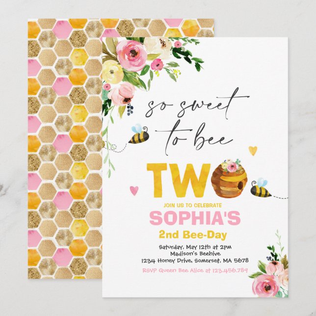 Invitación de cumpleaños de Bee Fiesta de cumpleañ (Anverso / Reverso)