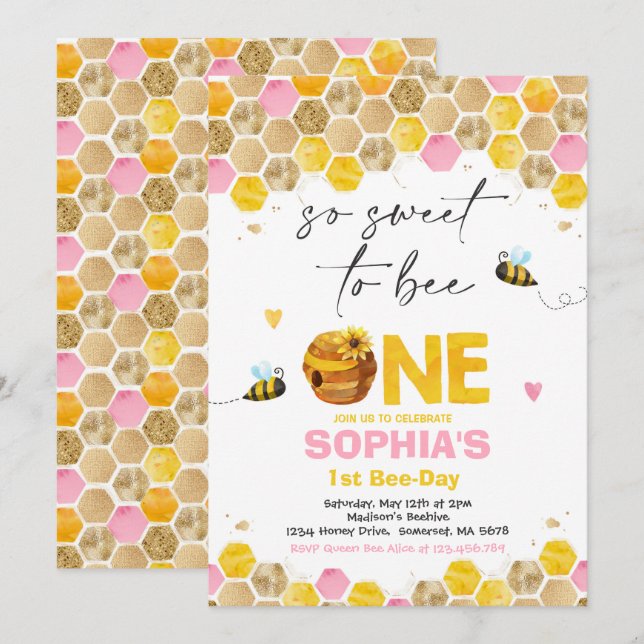 Invitación de cumpleaños de Bee Fiesta de cumpleañ (Anverso / Reverso)