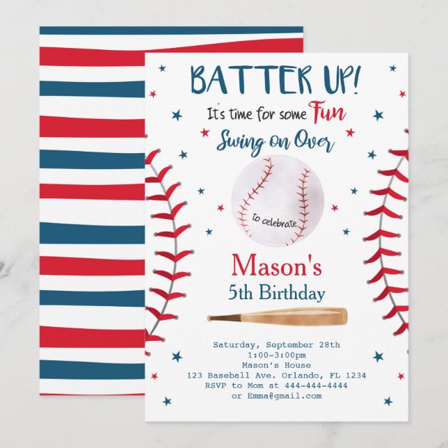 Invitación de Cumpleaños de Béisbol Batter Up (Anverso / Reverso)