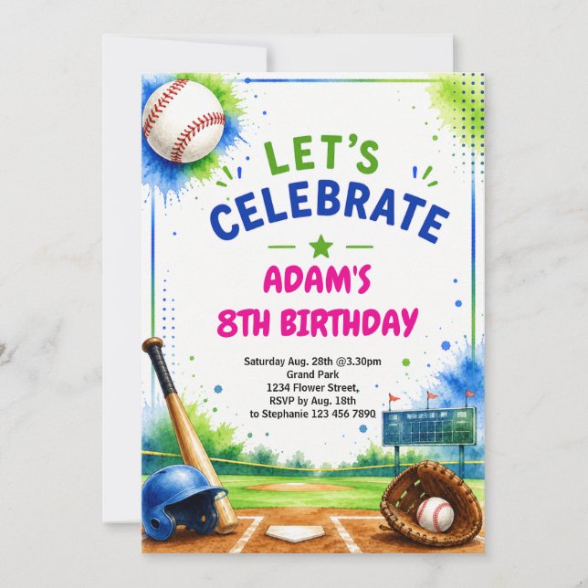 Invitación de cumpleaños de béisbol con diseño de  (Anverso)