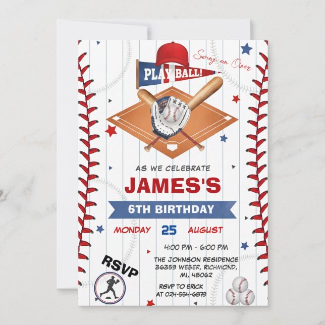 Invitación de cumpleaños de béisbol con foto (Anverso)
