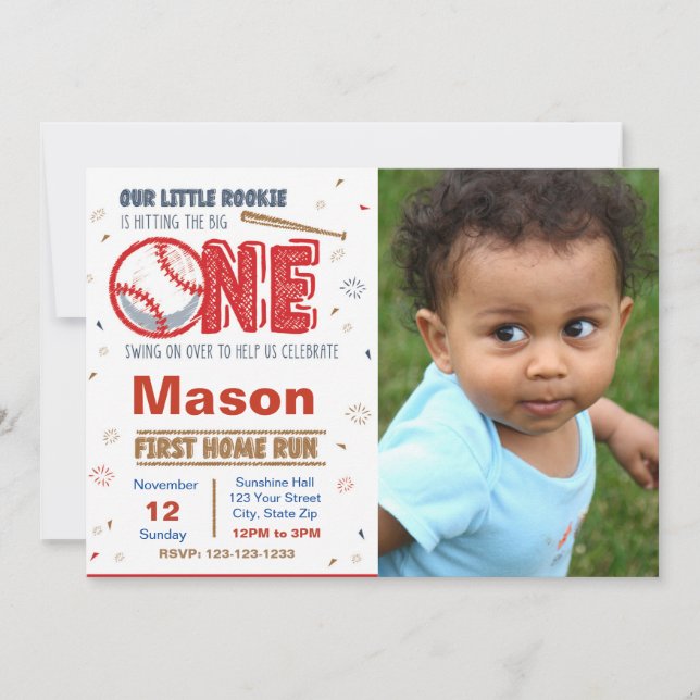 Invitación de cumpleaños de béisbol con foto (Anverso)
