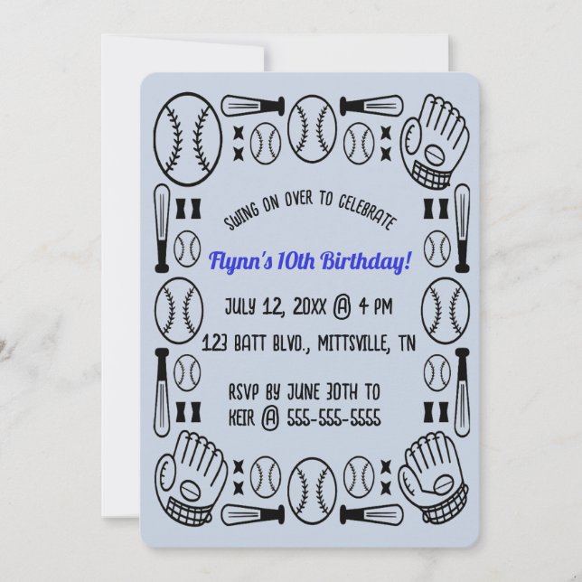 Invitación de cumpleaños de béisbol editable (Anverso)