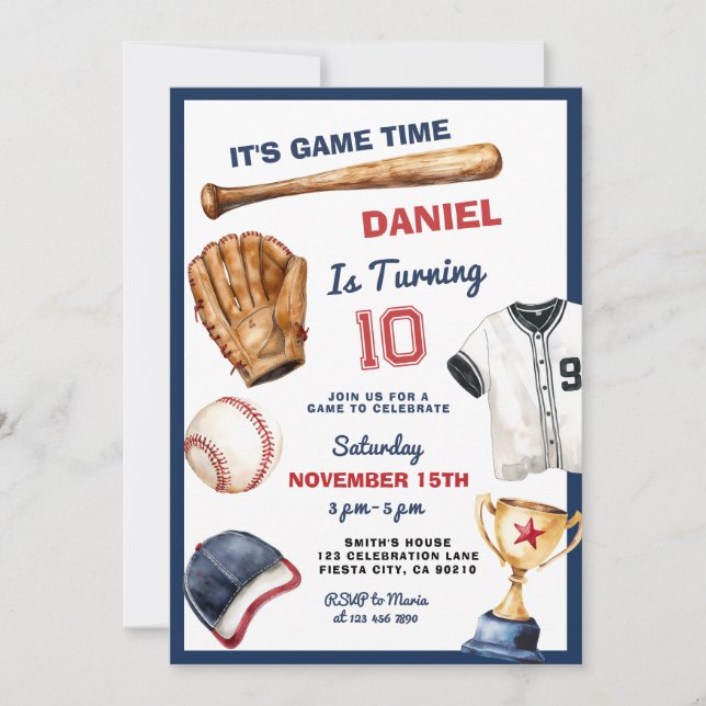 Invitación de cumpleaños de béisbol Es hora del ju (Anverso)