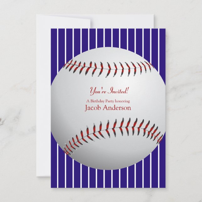 Invitación de cumpleaños de béisbol (franjas azule (Anverso)