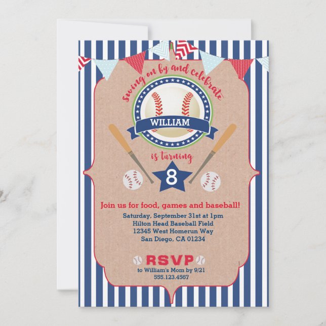 Invitación de cumpleaños de beisbol invita a la ma (Anverso)