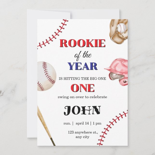 Invitación de cumpleaños de béisbol Novato del año (Anverso)