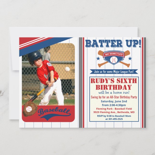 Invitación de cumpleaños de béisbol para cualquier (Anverso)