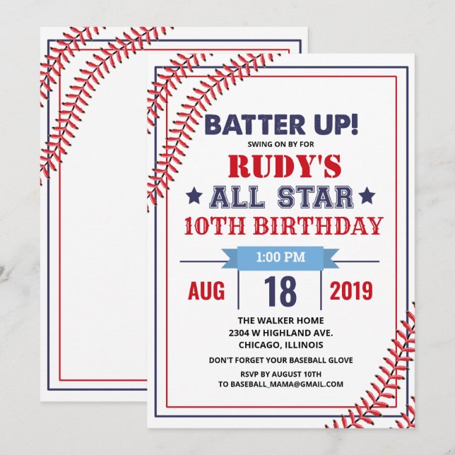 Invitación de cumpleaños de béisbol para cualquier (Anverso / Reverso)