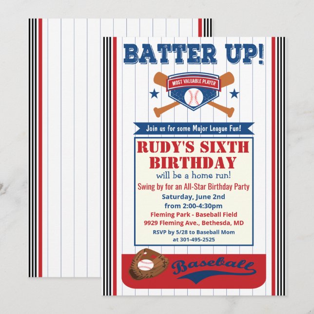 Invitación de cumpleaños de béisbol para cualquier (Anverso / Reverso)