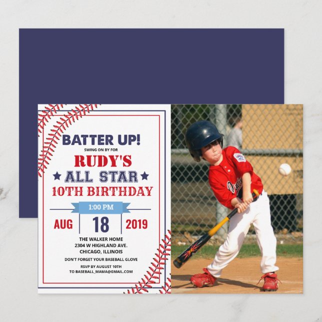Invitación de cumpleaños de béisbol para cualquier (Anverso / Reverso)