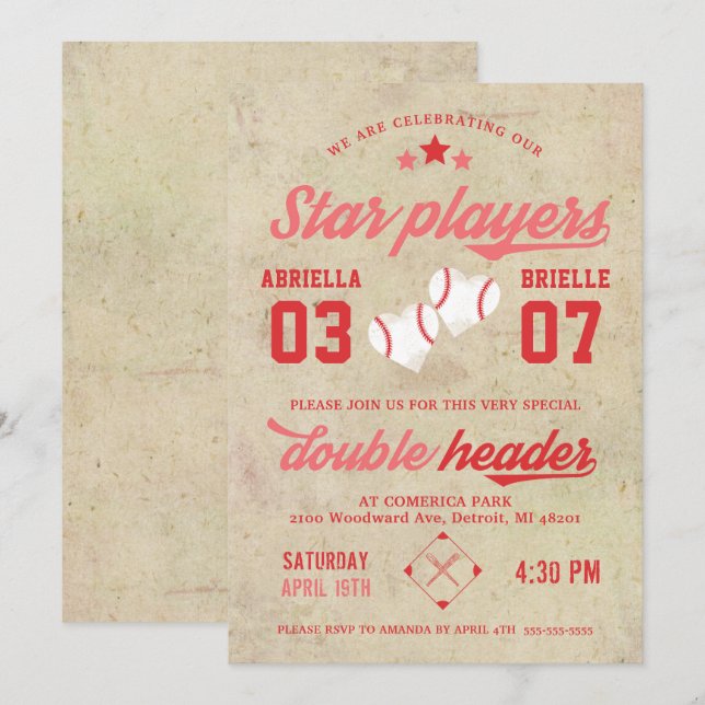 Invitación de cumpleaños de béisbol para gemelas (Anverso / Reverso)