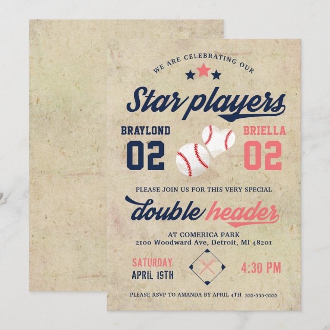 Invitación de cumpleaños de béisbol para gemelos n (Anverso / Reverso)