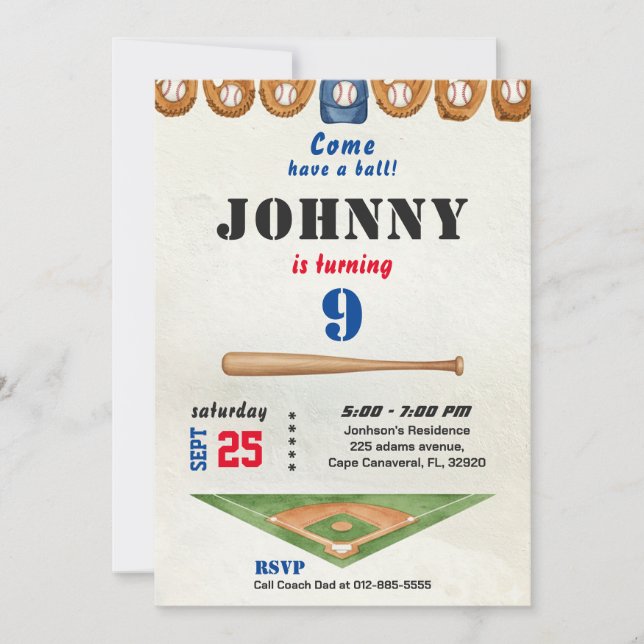 Invitación de cumpleaños de béisbol para niño (Anverso)