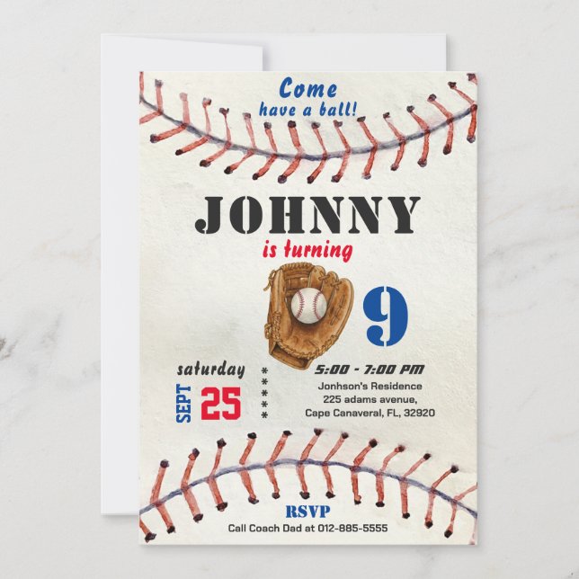 Invitación de cumpleaños de béisbol para niño con  (Anverso)