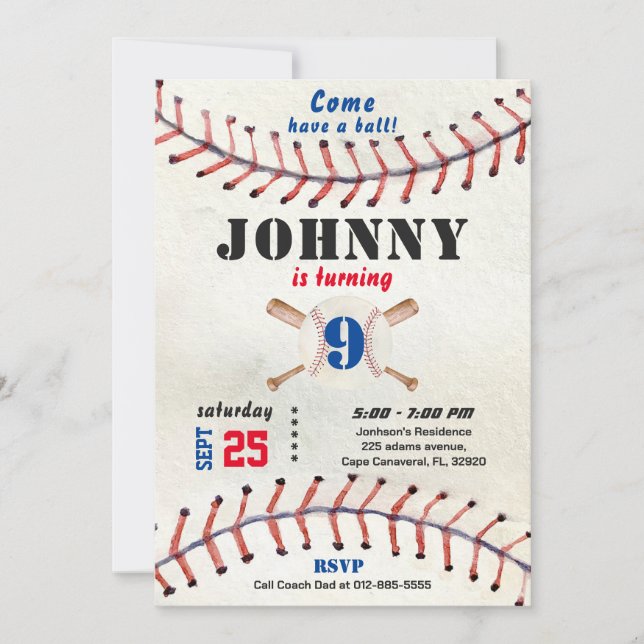 Invitación de cumpleaños de béisbol para un niño c (Anverso)