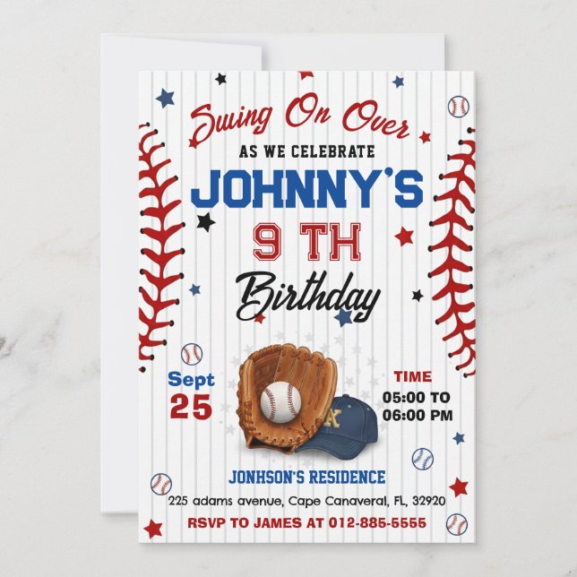 Invitación de cumpleaños de béisbol personalizada (Anverso)