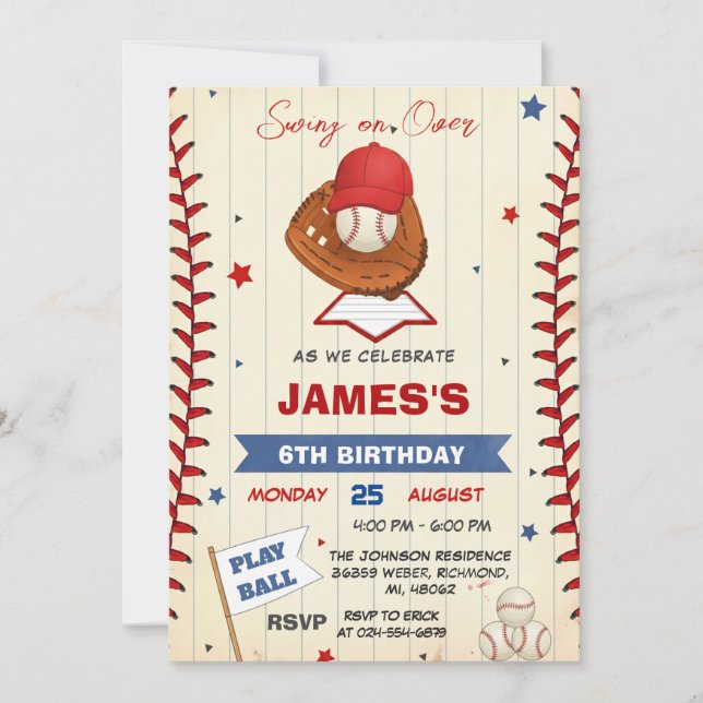 Invitación de cumpleaños de béisbol personalizada  (Anverso)