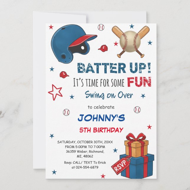 Invitación de cumpleaños de béisbol personalizada (Anverso)