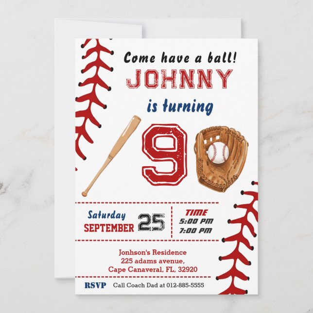 Invitación de cumpleaños de béisbol personalizada  (Anverso)