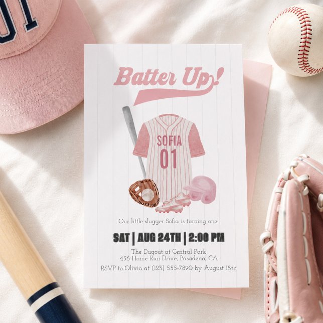 Invitación de cumpleaños de béisbol Pink Batter Up (Subido por el creador)
