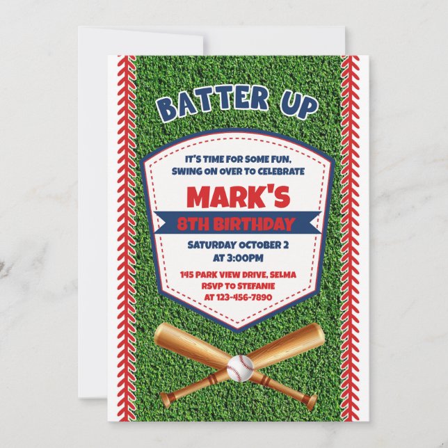 Invitación de cumpleaños de Béisbol por Batter Up (Anverso)
