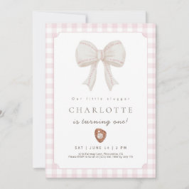 Invitación de cumpleaños de béisbol rosa con lazo 