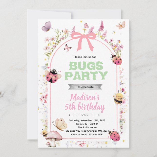 invitación de cumpleaños de bichos de amor (Anverso)