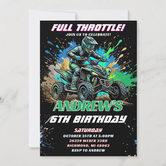 Invitación de cumpleaños de bicicleta ATV personal (Anverso)