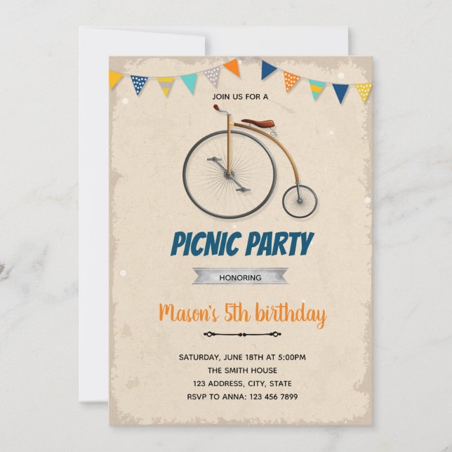 Invitación de cumpleaños de bicicleta de época (Anverso)