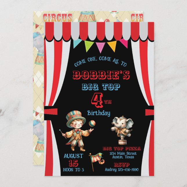 Invitación de cumpleaños de Big Top Circus (Anverso / Reverso)