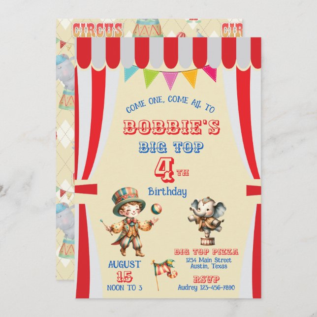 Invitación de cumpleaños de Big Top Circus (Anverso / Reverso)