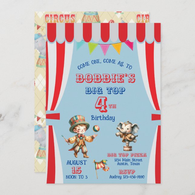 Invitación de cumpleaños de Big Top Circus (Anverso / Reverso)