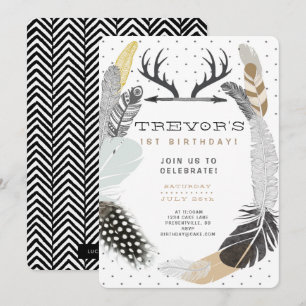 Invitación de cumpleaños de Black Boho Feather