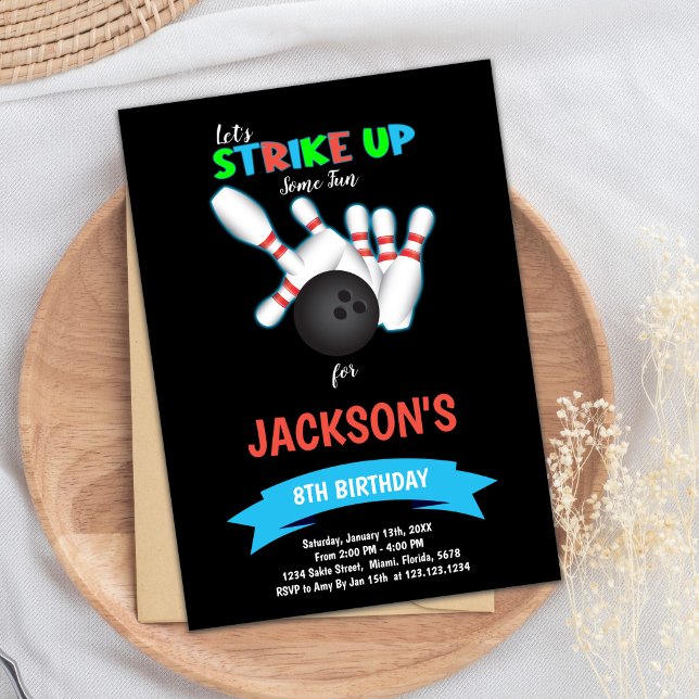 Invitación de cumpleaños de Black Bowling Ball (Black Ball Bowling Birthday Invitations)