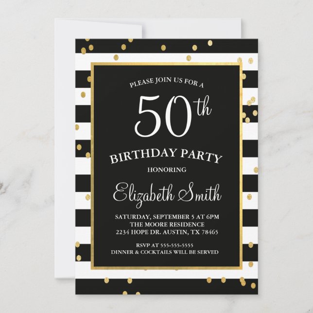 Invitación de cumpleaños de Black & Gold Confetti (Anverso)