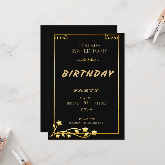 Invitación de cumpleaños de Black Gold Luxury (Anverso/Reverso In Situ)