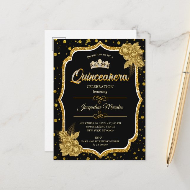 Invitación de cumpleaños de Black Gold y White Qui (Anverso/Reverso In Situ)