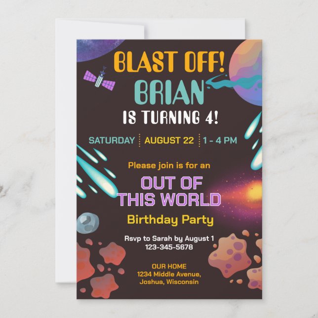 Invitación de cumpleaños de Blast Off Outer Space (Anverso)