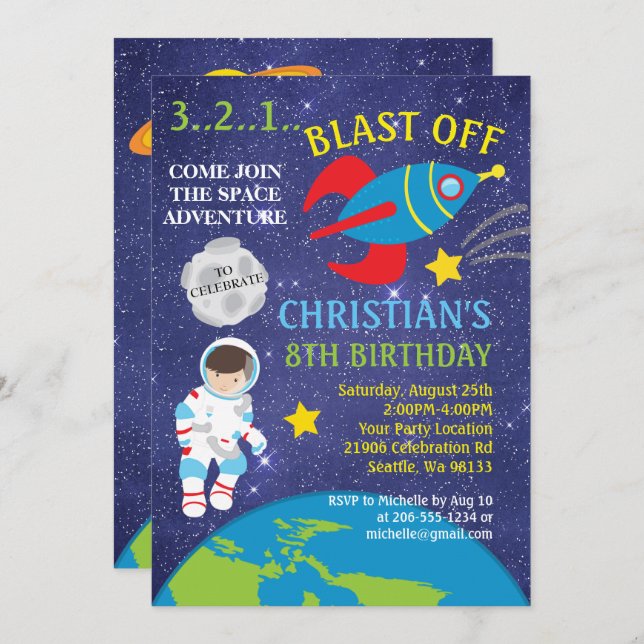 Invitación de cumpleaños de Blast Off Outer Space (Anverso / Reverso)