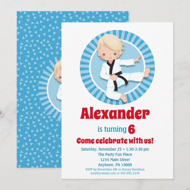 Invitación de cumpleaños de Blonde Hair Karate Jud (Anverso / Reverso)