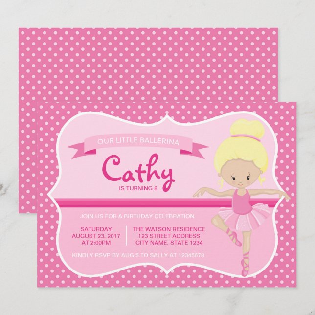 Invitación de cumpleaños de Blonde Pink Ballerina (Anverso / Reverso)
