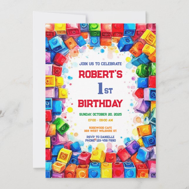 Invitación de cumpleaños de bloques de construcció (Anverso)