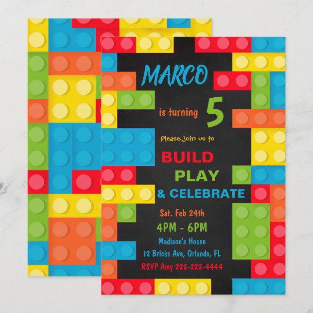 Invitación de cumpleaños de bloques de construcció (Anverso / Reverso)