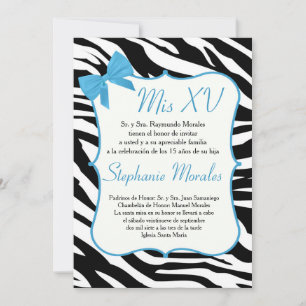 Invitación de cumpleaños de Blue Bow y Zebra Quinc