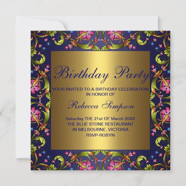 Invitación de cumpleaños de Blue & Gold Flower Gar (Anverso)