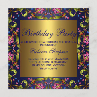 Invitación de cumpleaños de Blue & Gold Flower Gar